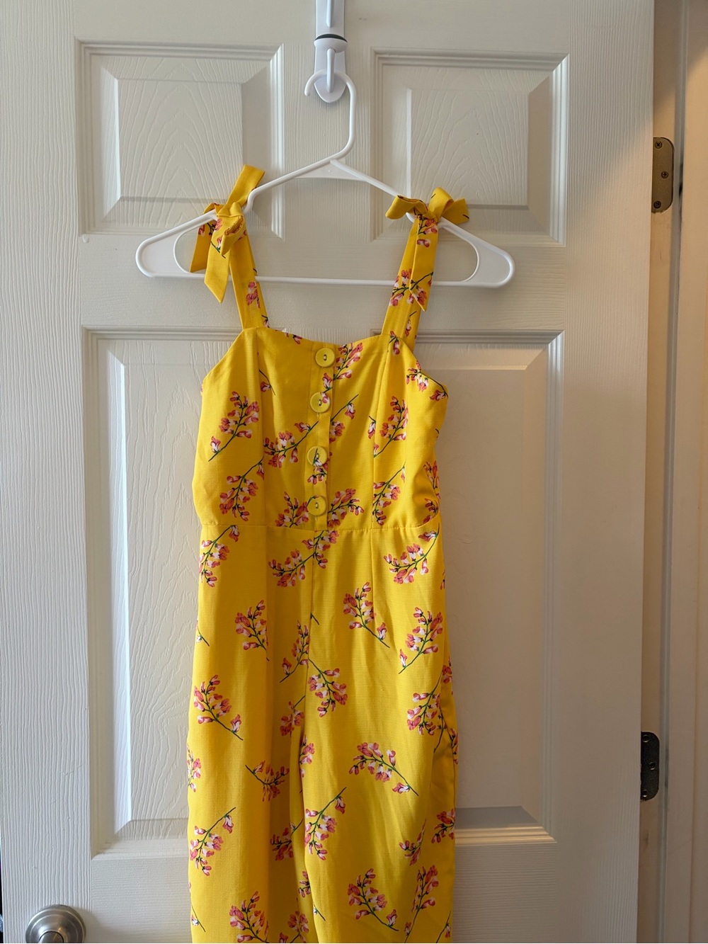 GB girls Yellow Floral Tie-Shoulder Jumpsuit with Pink Blossom Print